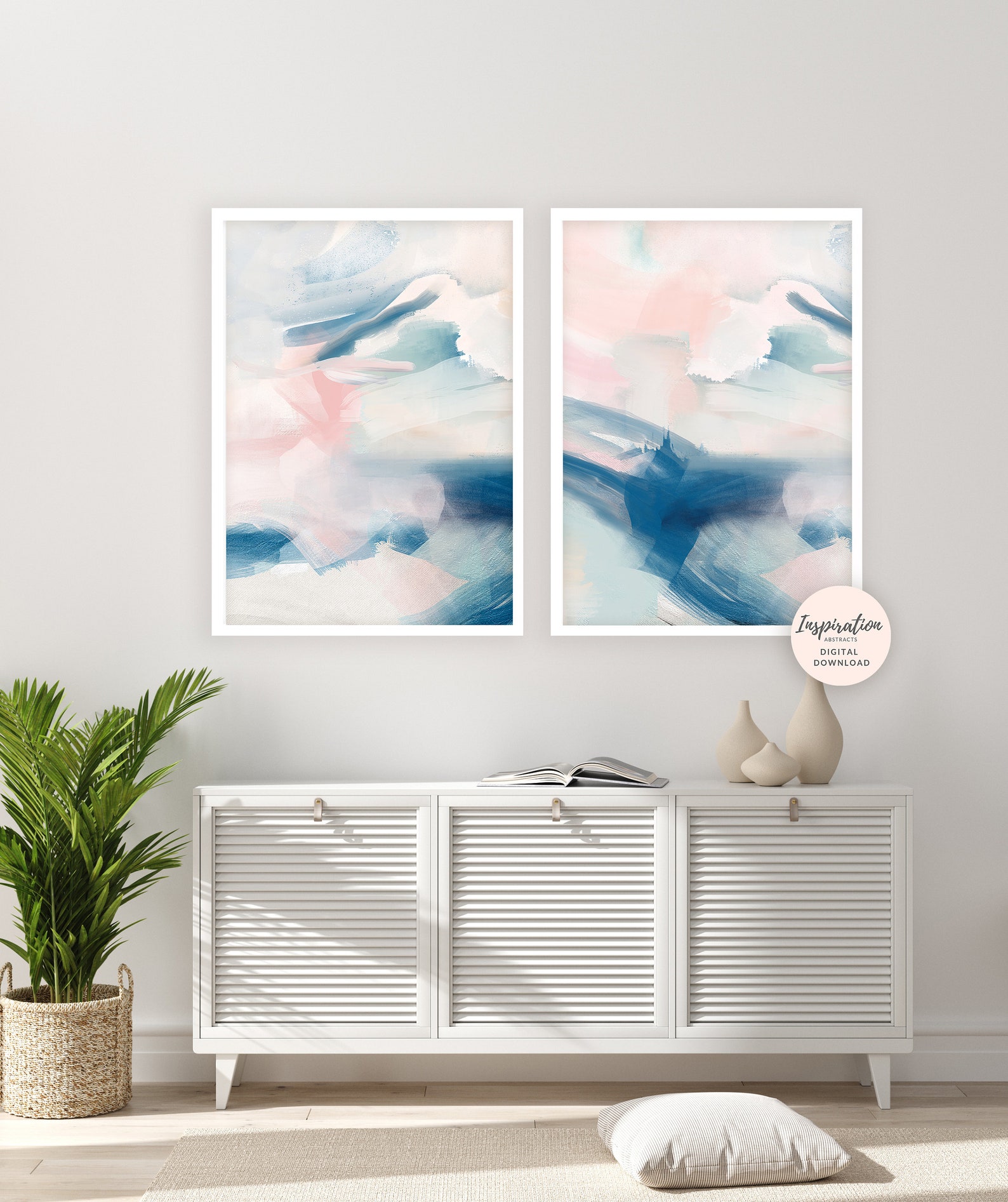 Abstract Paintings Pink Navy Wall Art Set of Two Prints Etsy