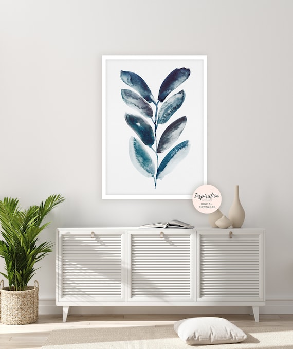 Blue Leaves Print, Watercolour Painting, Plant Prints, Blue Leaf Poster, Abstract Wall Art, Botanical Print, Minimal Art, Printable Art