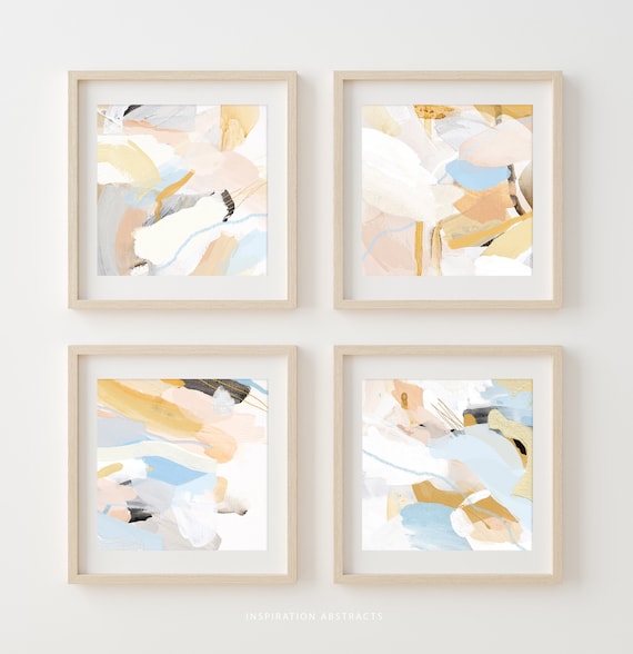 Set Of 4 Colourful Abstract Paintings, Printable Poster Set, Modern Wall Art, Digital Download, Mixed Media Art