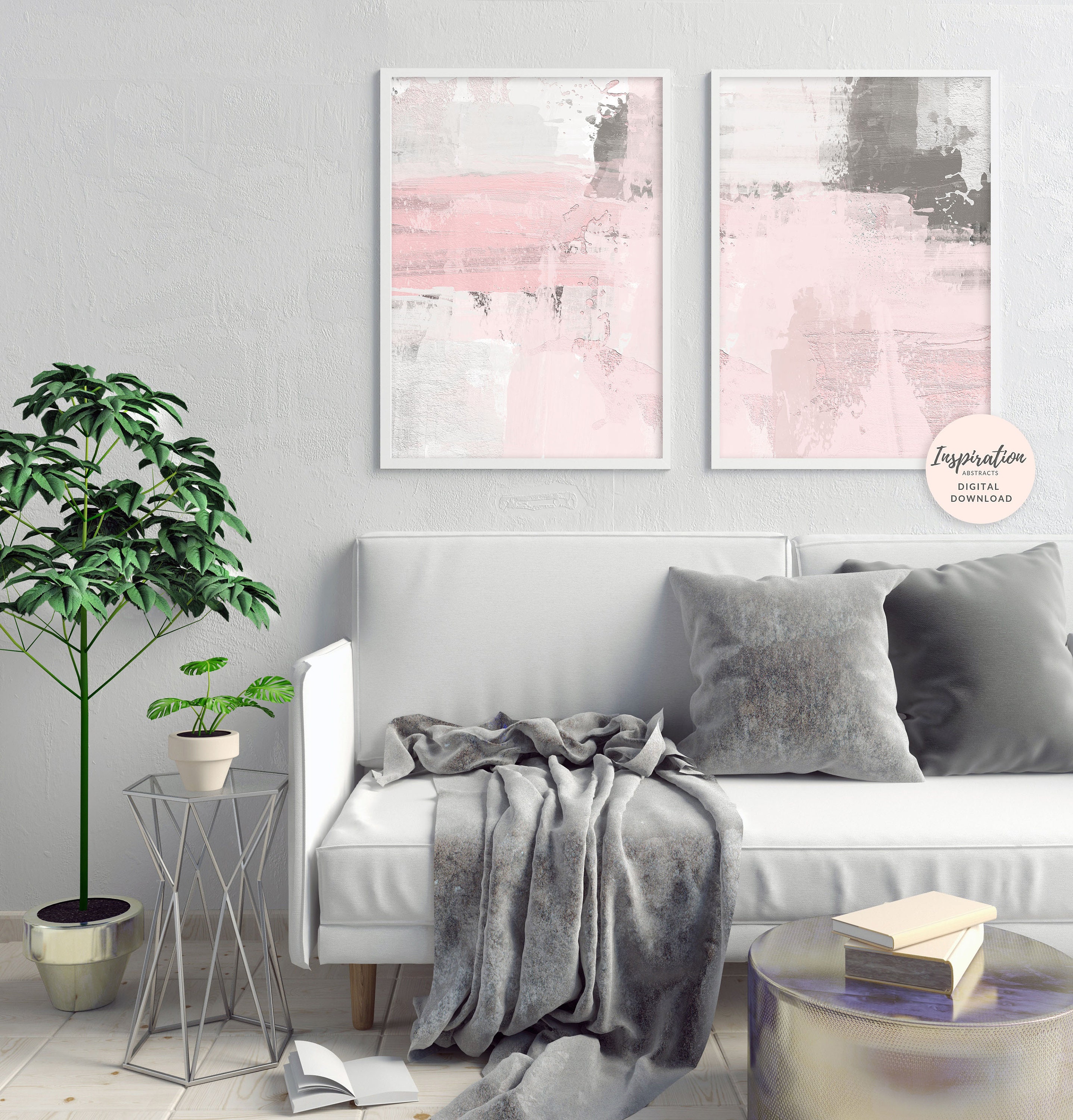 Pink Grey Wall Art, Pink and Grey Abstract Art, Set of 2 Art Prints