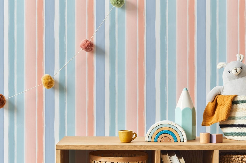 Colourful Stripes Wallpaper, Candy Stripes Peel and stick Wallpaper, Nursery Decor, Playroom Decor, Hand Painted Watercolour Stripes image 1