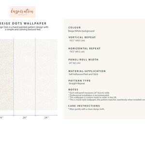 May include: Beige Dots wallpaper with a hand-painted pattern design. The wallpaper has a beige and white background with a simple and calming textural feel. Each panel measures 24 inches (62 cm) wide.