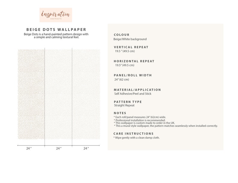 May include: Beige Dots wallpaper with a hand-painted pattern design. The wallpaper has a beige and white background with a simple and calming textural feel. Each panel measures 24 inches (62 cm) wide.