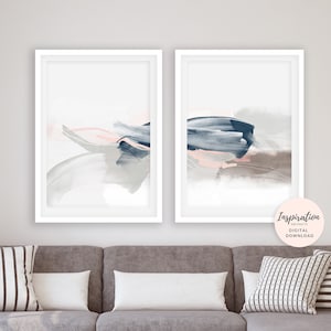 Minimal Abstract Art, Set of 2 Art Prints, Large 24x36 Art Prints, Lounge Paintings, Pink Navy Wall Art, 50x70 Posters, Oversized Wall Art