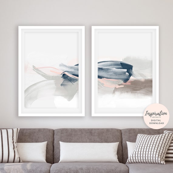 Set of 2 Minimal Abstract Prints, Serene Abstract Art, 24x36 Art Prints, Lounge Paintings, Pink Navy Wall Art