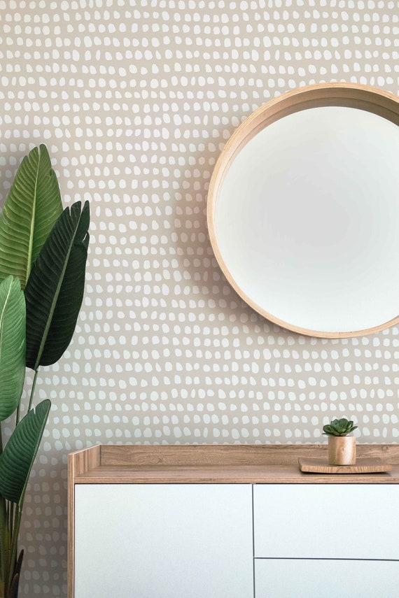 Spots Neutral Peel and Stick Wallpaper, Hand Painted Wallpaper, Minimalist Decor, Beige and White Spots Removable Wallpaper