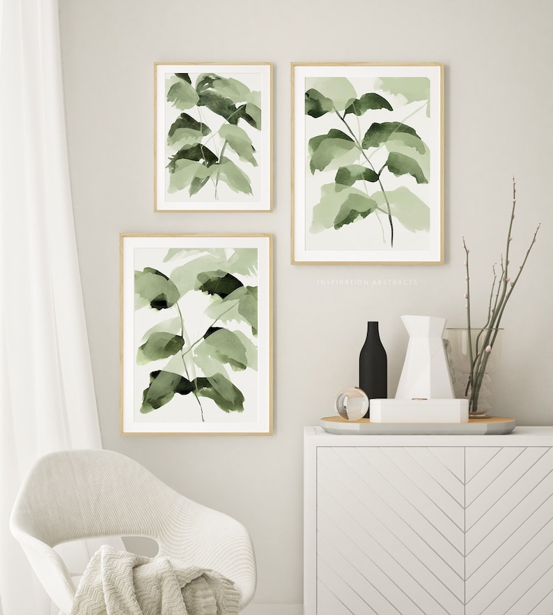 Sage Green Botanical Prints, Set of 3 Watercolour Leaf Paintings, Modern Botanical Prints, Calming Wall Art Set, Printable Zen Wall Art image 1