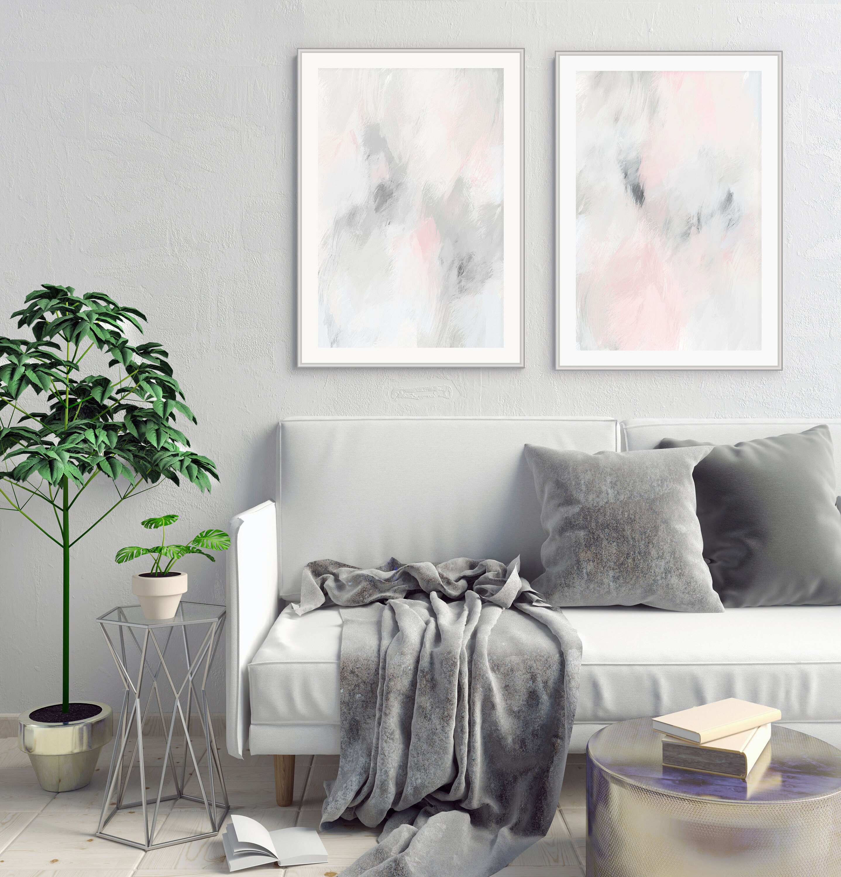 Large Abstract Art Pink Grey Wall Art Set Of 2 Art Prints Etsy