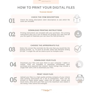 K&ouml;nnte beinhalten: Eine wei&szlig;e und rosafarbene Infografik mit dem Titel "So drucken Sie Ihre digitalen Dateien". Die Infografik ist in f&uuml;nf Schritte mit Symbolen und Anweisungen zum Drucken digitaler Dateien unterteilt. Die Schritte umfassen das &Uuml;berpr&uuml;fen der Artikelbeschreibung, das Herunterladen von Druckanweisungen, das Ausw&auml;hlen der richtigen Datei, das Herunterladen Ihrer Dateien und das Drucken Ihrer Dateien.