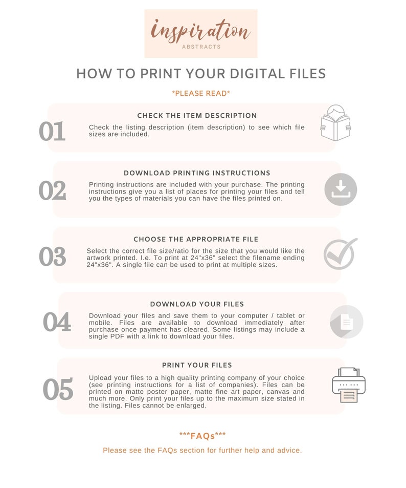 K&ouml;nnte beinhalten: Eine wei&szlig;e und rosafarbene Infografik mit dem Titel "So drucken Sie Ihre digitalen Dateien". Die Infografik ist in f&uuml;nf Schritte mit Symbolen und Anweisungen zum Drucken digitaler Dateien unterteilt. Die Schritte umfassen das &Uuml;berpr&uuml;fen der Artikelbeschreibung, das Herunterladen von Druckanweisungen, das Ausw&auml;hlen der richtigen Datei, das Herunterladen Ihrer Dateien und das Drucken Ihrer Dateien.