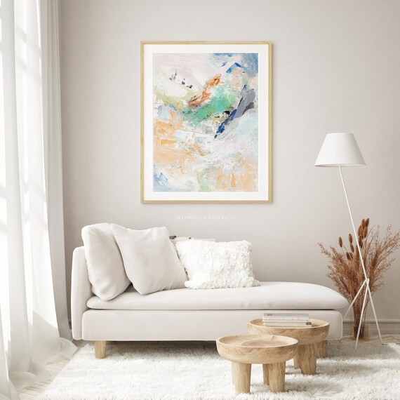Large Printable Contemporary Abstract Painting in Shades of Green, Blue & Orange | Modern Wall Art Print, Instant Download Artwork