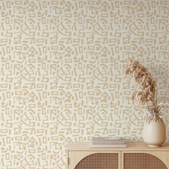 Neutral Boho Wallpaper, Beige Peel and stick Wallpaper, Removable Bedroom Wallpaper, Abstract Brushstrokes, Apartment  Wallpaper