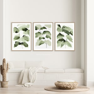 Sage Green Botanical Prints, Set of 3 Watercolour Leaf Paintings, Modern Botanical Prints, Calming Wall Art Set, Printable Zen Wall Art image 2