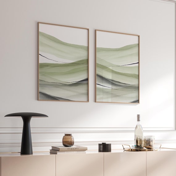 Modern Sage Green Abstract Paintings, Calm Watercolour Landscapes, 2 Piece Printable Wall Art, Large Minimal Posters, Instant Download Art