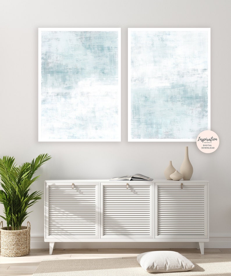 Ljusblå väggkonst, set med två tryck, minimalistisk abstrakt konst, utskrivbar konst, lugnande väggkonst, digitala tryck, stor abstrakt konst bild 2
