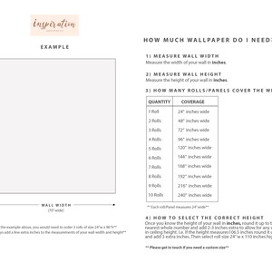 May include: An informational graphic with text and diagrams for measuring walls for wallpaper. The top left corner features the text "inspiration abstracts". The graphic includes instructions on measuring wall width and height in inches, and how many rolls are needed.
