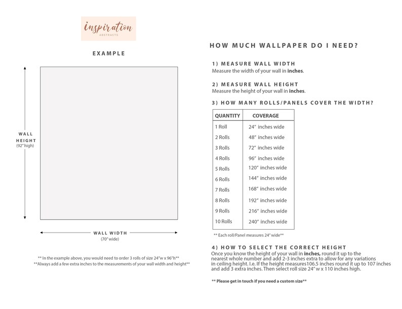 May include: An informational graphic with text and diagrams for measuring walls for wallpaper. The top left corner features the text "inspiration abstracts". The graphic includes instructions on measuring wall width and height in inches, and how many rolls are needed.