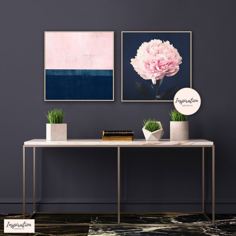 Pink and Navy Wall Art Set of Two Prints Wall Art Set Peony Etsy