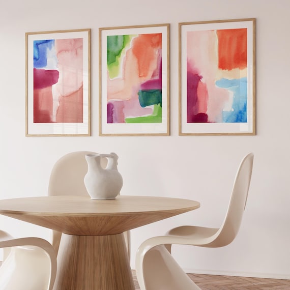 Colourful Watercolour Paintings, Set of 3 Abstract Paintings, Bright Gallery Wall Art, Printable Modern Art