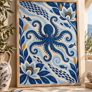 Può includere: Un'opera d'arte murale a mosaico incorniciata di forma rettangolare che presenta un polpo blu scuro centrale circondato da acqua azzurra vorticosa, piccoli pesci e grandi fiori di loto stilizzati blu e bianchi con accenti gialli.