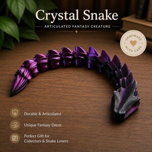 May include: A purple and black articulated crystal snake, a fantasy creature, is displayed on a wooden surface. The text "Crystal Snake" and "Articulated Fantasy Creature" are at the top. The snake is labeled as "Durable & Articulated" and "Unique Fantasy Decor".