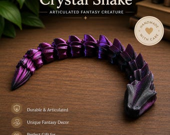 Serpente de Cristal Articulada, Criatura Fantástica | Serpente Anti-Stress de 30 cm com Posições Flexíveis | Brinquedo de Mesa Impresso em 3D