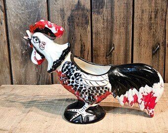 Vintage Black White and Red Speckled Rooster Planter ~ Cock Planter ~ Mid-Century ~ 1950's