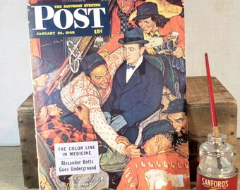 ORIGINAL The Saturday Evening Post Magazine Cover ~ January 24, 1948 ~ Norman Rockwell ~ Crowded Seating ~ Backside Duraglas Ad