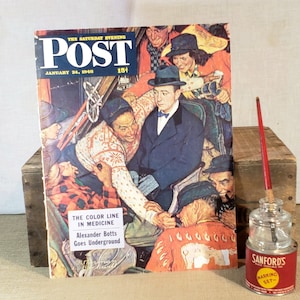 ORIGINAL The Saturday Evening Post Magazine Cover ~ January 24, 1948 ~ Norman Rockwell ~ Crowded Seating ~ Backside Duraglas Ad