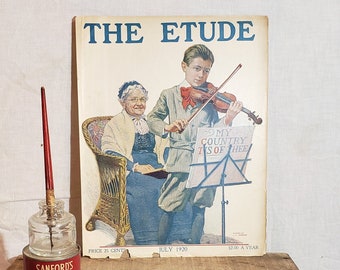ORIGINAL La portada de la revista Etude - Julio 1920 - Boy Playing the Violin - My Country Tis Of Thee - Backside Music Books Anuncio