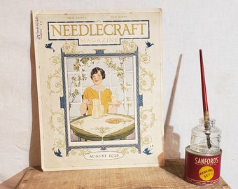 ORIGINAL Vintage Needlecraft Magazine Cover ~ August 1925 ~ Pretty Lady Serving Cookies and Lemonade