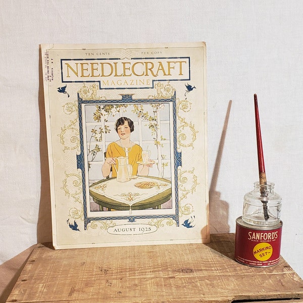 ORIGINAL Vintage Needlecraft Magazine Cover ~ Augustus 1925 ~ Pretty Lady Serving Cookies and Lemonade