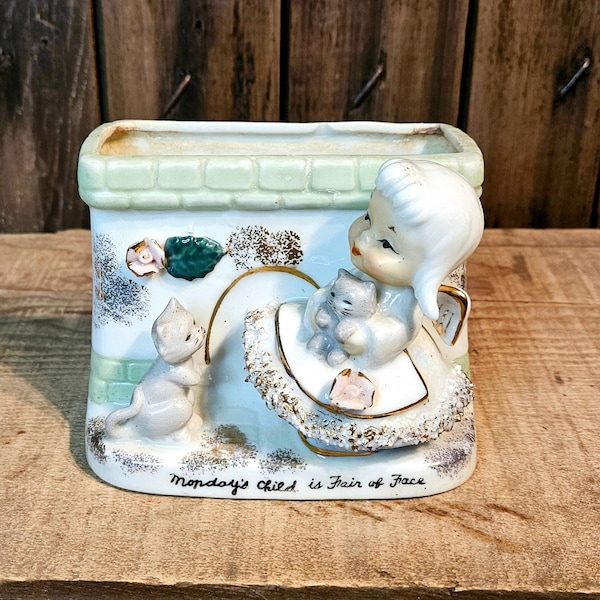 Vintage Napco Monday's Child Is Fair Of Face Planter ~ Novelty Planter ~ Angel with Kitten ~ Made in Japan ~ 1940's