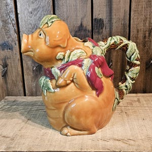 Vintage Majolica Pig Pitcher ~ Majolica Pig Water Pitcher ~ 1950s
