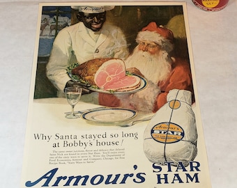 Vintage diciembre 1924 Armour Ham Ad con Santa Claus & Black Man Waiter - The Ladies Home Journal Magazine