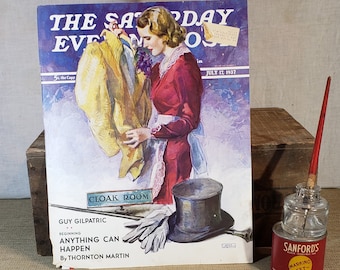 ORIGINAL The Saturday Evening Post Magazine Cover ~ July 17, 1937 ~ Lady In A Cloak Room ~ Backside Studebakers Advertisement