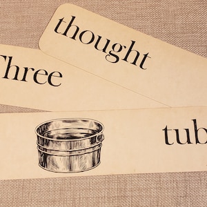 3 Vintage Word Flashcards ~ Tub - Three - Thought ~ 2.75&quot; x 9.75&quot; each ~ free shipping