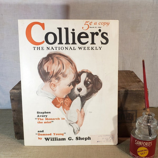 ORIGINAL Collier's The National Weekly Magazine Cover from March 27, 1926 ~ Boy Feeding A Puppy A Bottle