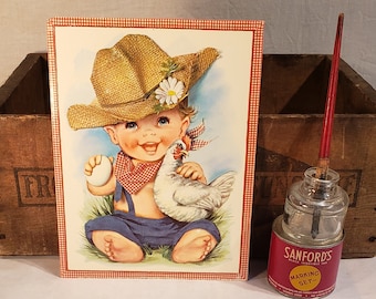 Sweet Vintage 7.5"x9.5" Oversized Unused Greeting Card ~ Baby boy with a burlap hat holding a chicken and egg ~ 1960s