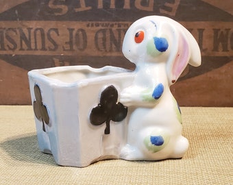 Vintage Tashiro Shoten Ltd. Spotted Bunny Planter ~ Rabbit Planter ~ Shamrocks ~ Made in Japan ~ 1930's