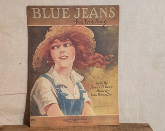 Original Vintage Sheet Music ~ Blue Jeans ~ Fox Trot Song ~ Lyric by Harry D. Kerr ~ Music by Lou Traveller ~ 1920
