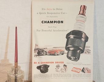 Anuncio original de bujías Vintage Champion ~ 14 de julio de 1951 ~ Be A Champion Driver