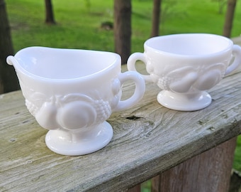 Vintage Westmoreland Della Robbia White Milk Glass Creamer and Sugar ~ 1930's