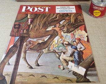 ORIGINAL The Saturday Evening Post Magazine Cover ~ May 3, 1947 ~ Norman Rockwell Painting A Carousel Horse ~ Backside Ham Advertisement