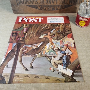 ORIGINAL The Saturday Evening Post Magazine Cover ~ May 3, 1947 ~ Norman Rockwell Painting A Carousel Horse ~ Backside Ham Advertisement