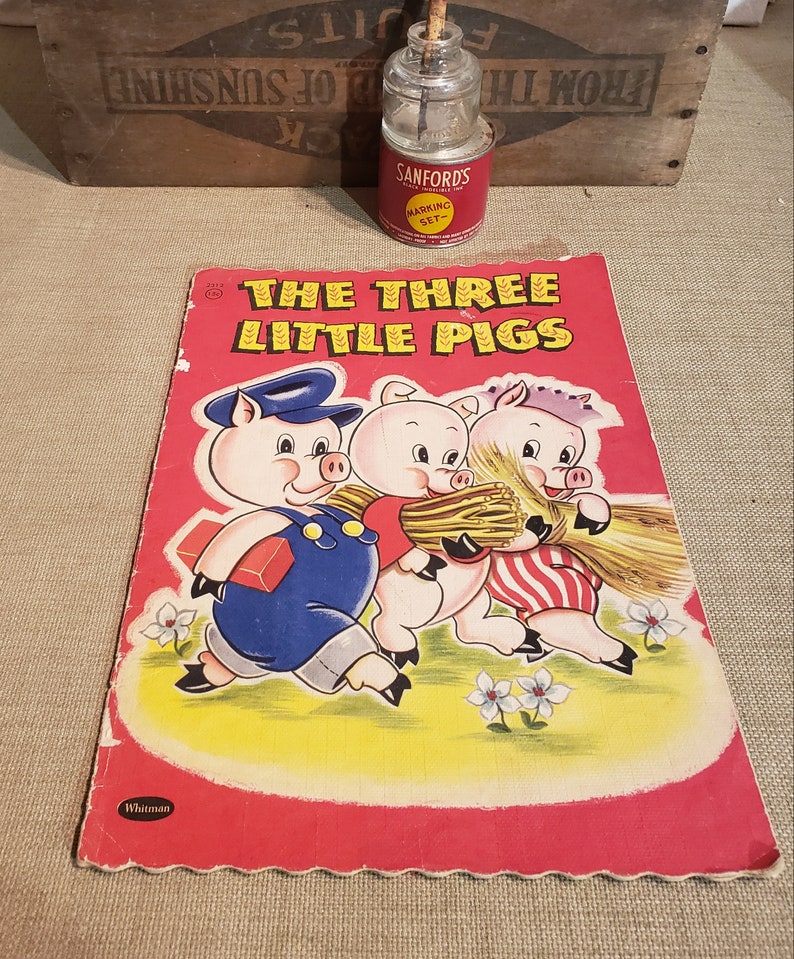 The Three Little Pigs Vintage over-sized soft cover linen-like book Copyright 1951 image 2