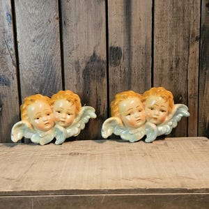 Vintage Hand Painted Chalkware Winged Cherubs Wall Hanging Set ~ Plaster Angels ~ Mid-Century Religious Home Decor