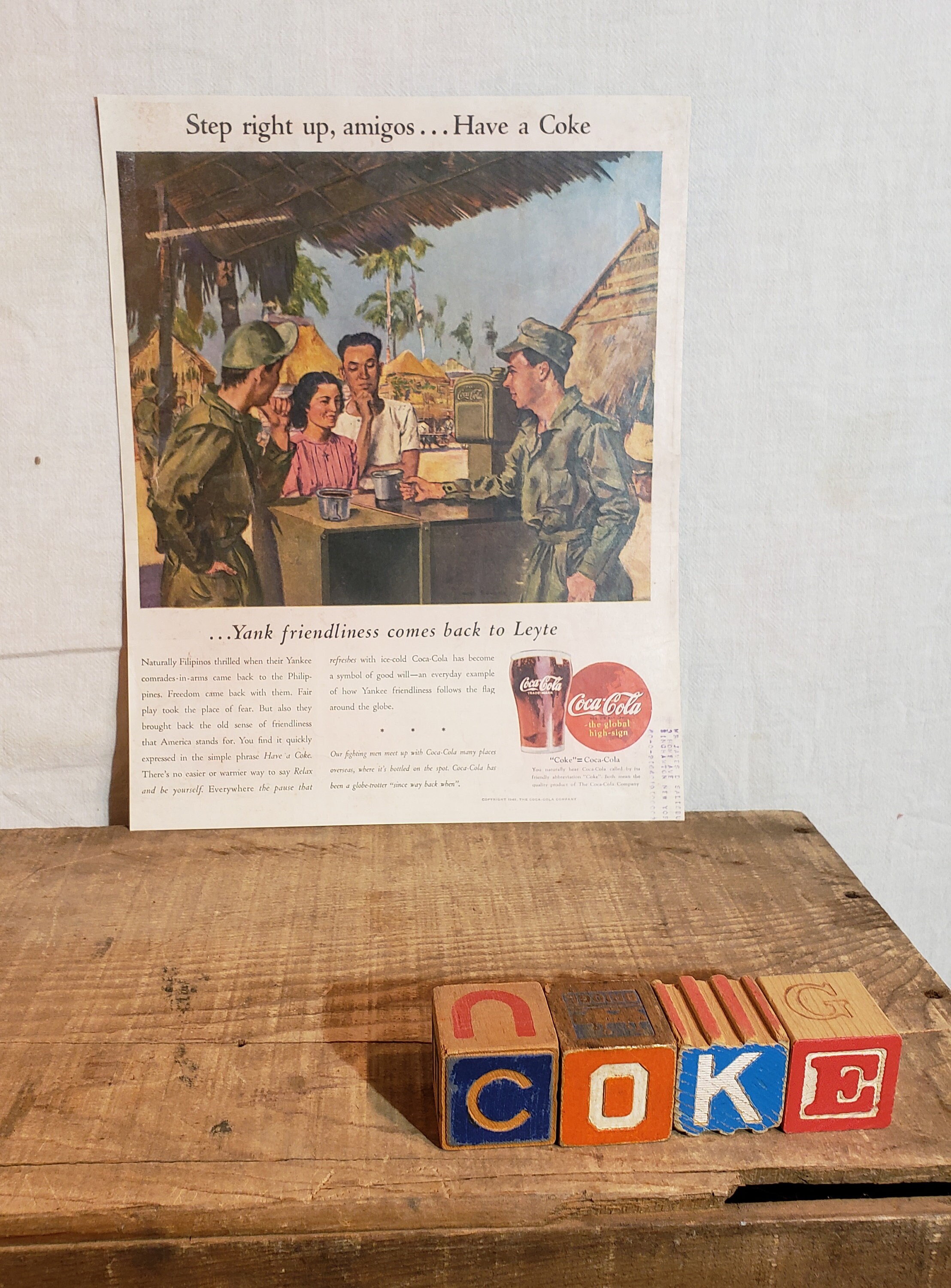 ORIGINAL Vintage 1945 Coke Coca Cola Ad - Step Right Up, Amigos