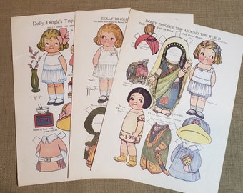 3 Vintage Dolly Dingles Paper Dolls ~ Trip Around The World ~ The Blarney Stone ~ Palace of the Grand Moguls ~ Home of the Mandarins ~ 1970s