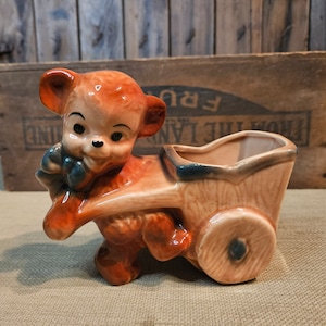 Vintage Bear Pulling Cart Planter ~ Japan ~ 1950's